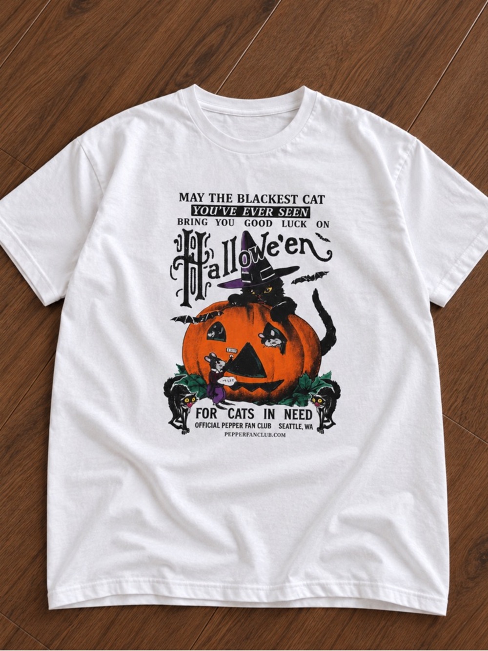 Halloween Cat and Pumpkin Graphic White T-Shirt